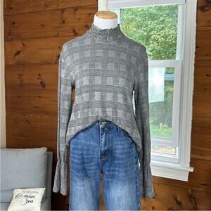 Zara Houndstooth Herringbone Knit Long Sleeve Top Size M